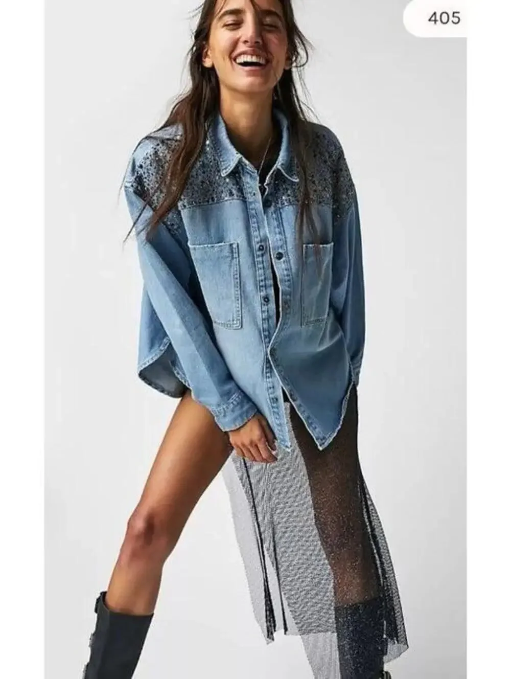 One Teaspoon Hand Embellished Daria Denim Shirt (S) - Picture 1 of 9